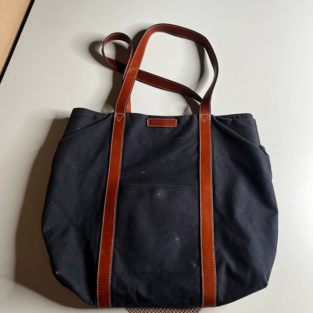 Helen‎ Kaminski Navy Canvas Leather Trim Tote Bag Shoulder Carryall Blue Brown